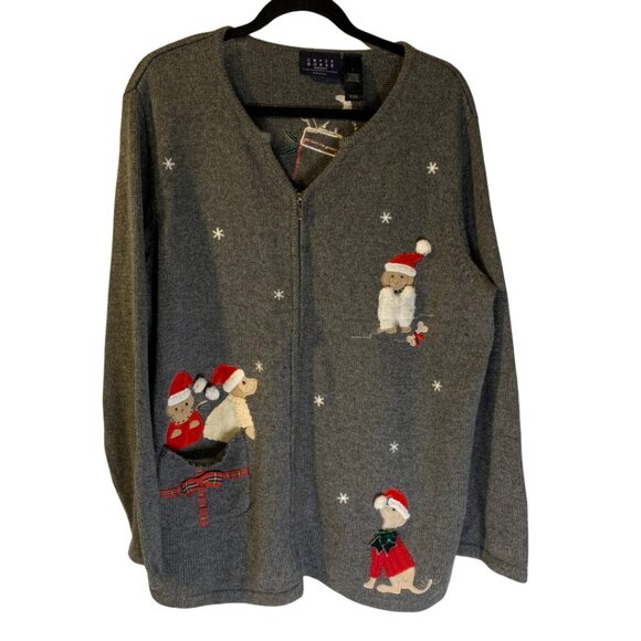 Crazy Horse Women's Christmas Dogs Sweater Plus Size 1X Full Zip Pockets Holiday - Picture 1 of 9